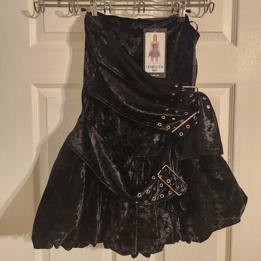 Current Mood Black Velvet Mini Skirt with Buckle Details